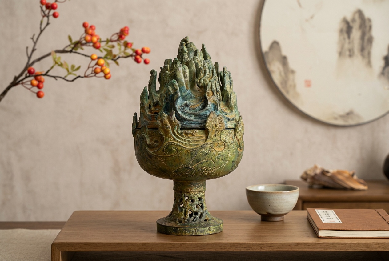 Modern Chinese bronze incense burner displayed as an Asian home decor accent