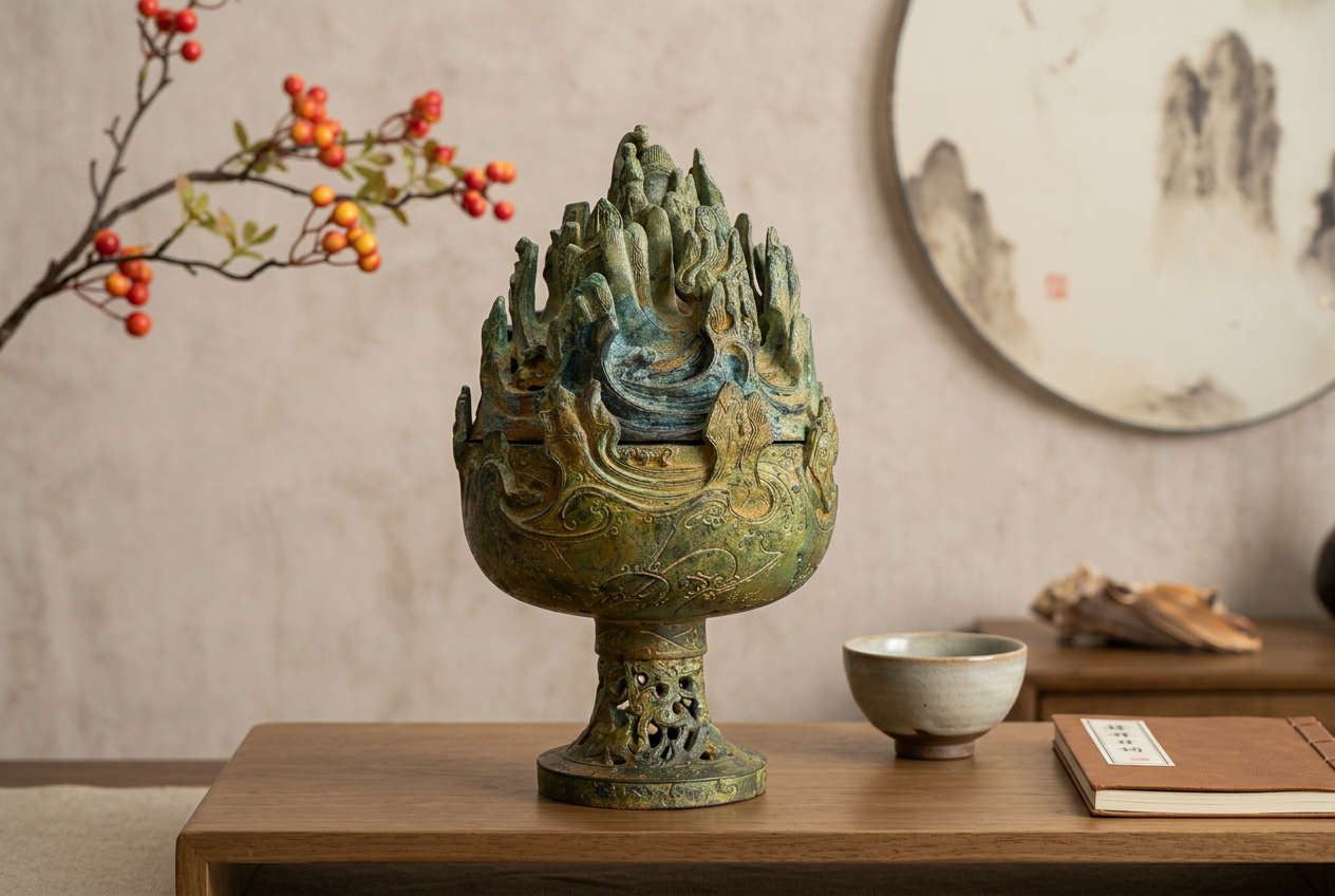 Bronze incense burner reproduction displayed in a calm tea space