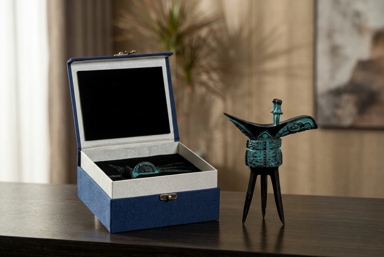 Modern bronze Jue cup gift box displayed for Chinese business gift sourcing