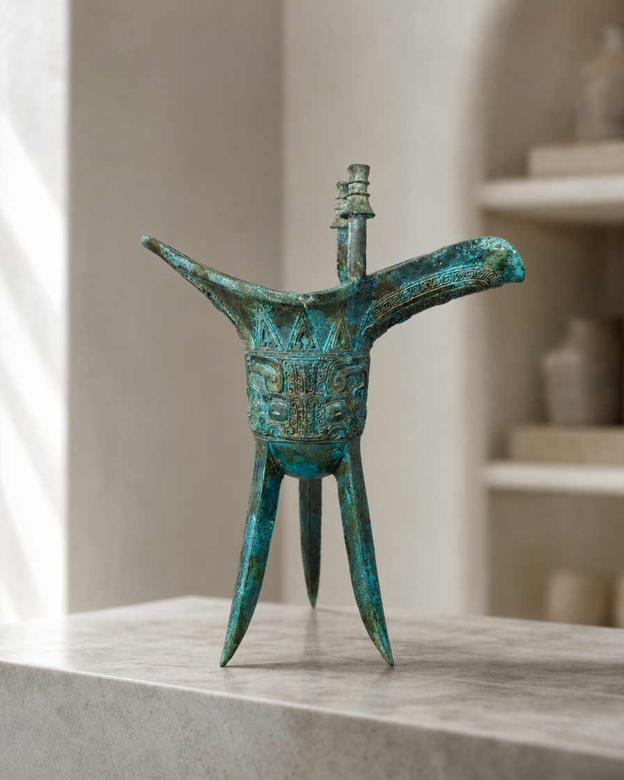 Bronze Jue cup with turquoise patina in soft natural light