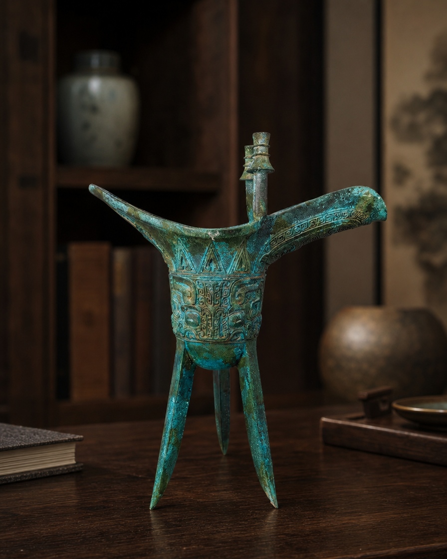 Modern Verdigris Twin-Post Bronze Jue Cup shown in a study display
