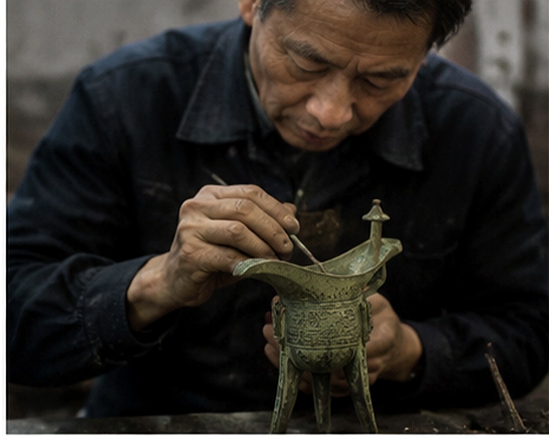 Craftsperson checking a bronze Jue cup before shipment preparation