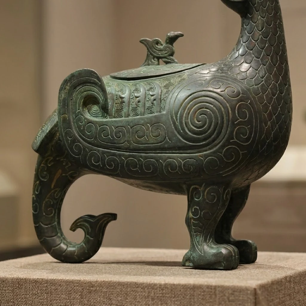 Bird-Form bronze vessel concept detail showing the body and base