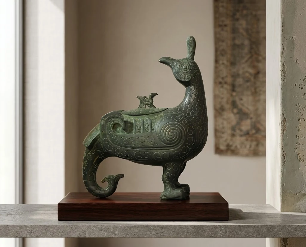 Bird-Form bronze vessel concept visual with a sculptural animal silhouette