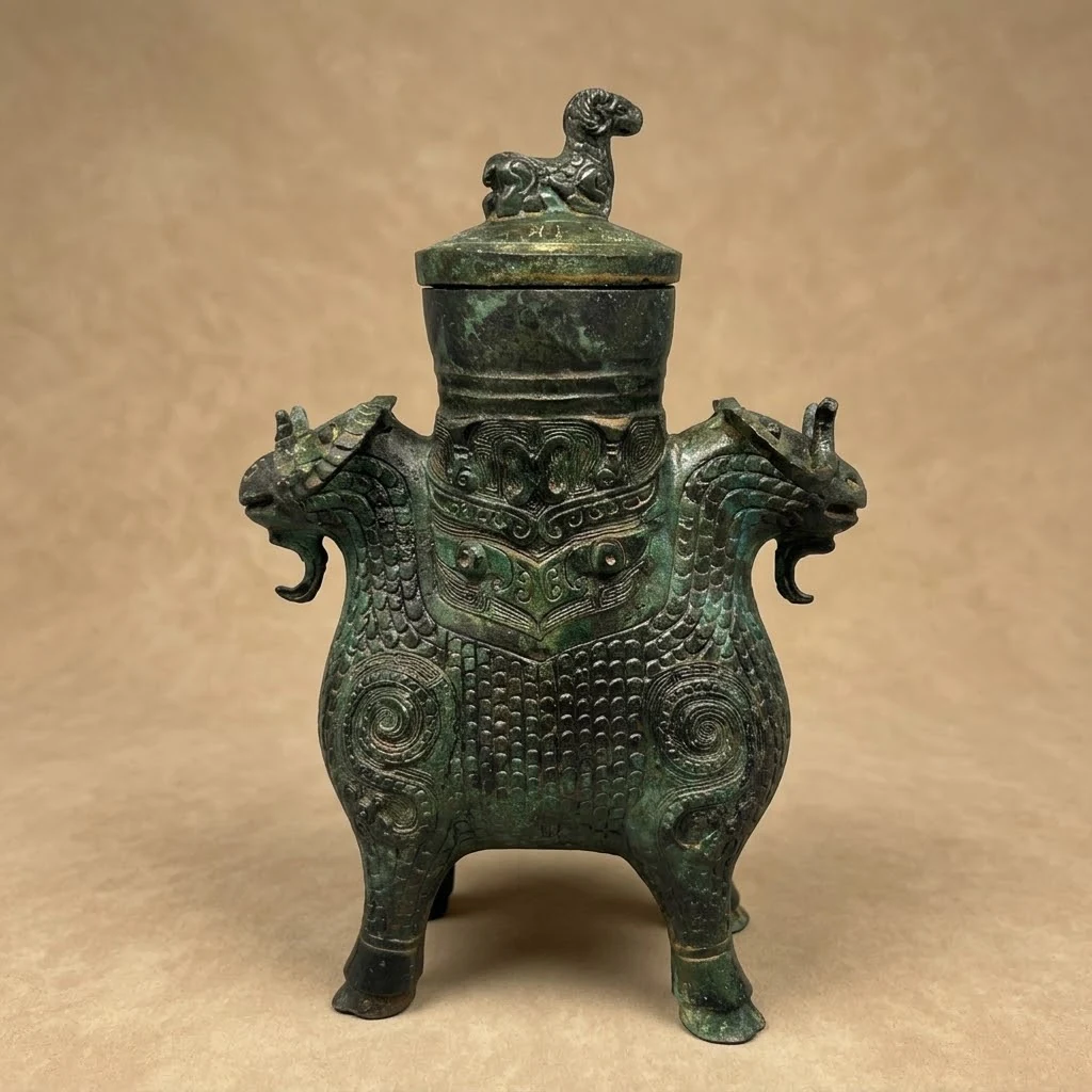 Double-Ram bronze vessel concept detail showing the animal form and relief