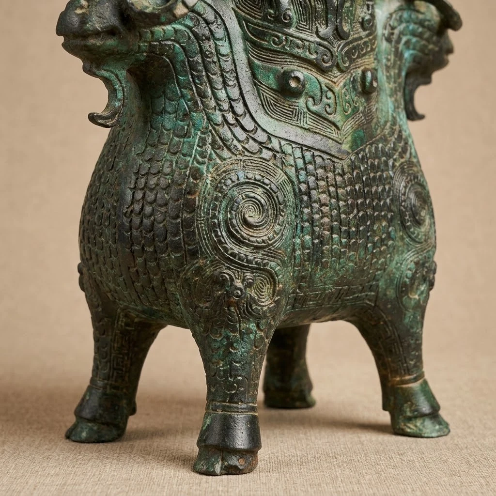 Double-Ram bronze vessel concept detail showing the body and base