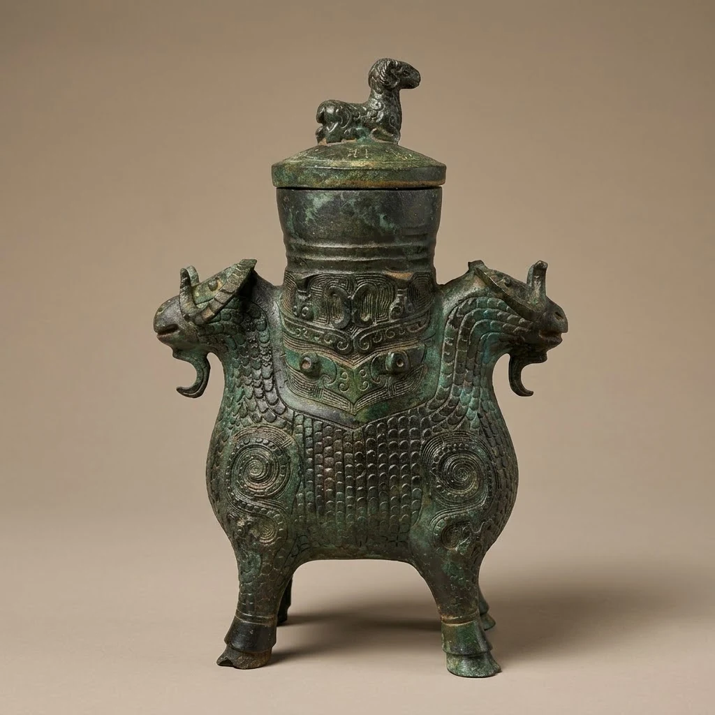 Double-Ram bronze vessel concept visual with a sculptural animal silhouette