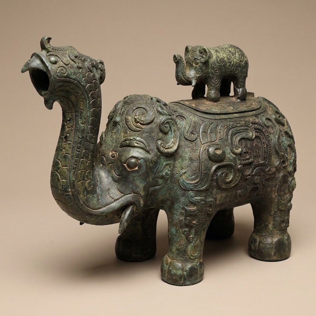 Elephant-form bronze vessel concept visual showing the front opening and raised relief