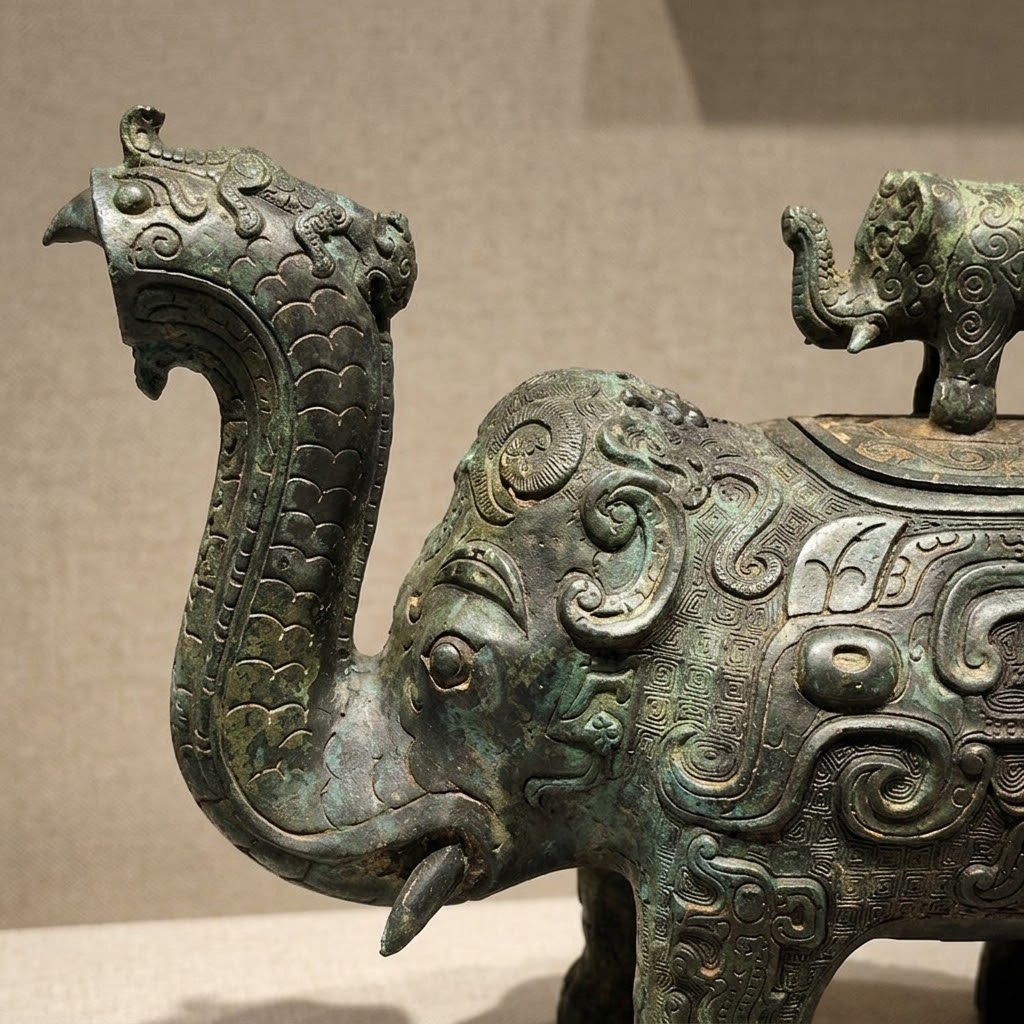 Elephant-form bronze vessel concept visual showing the trunk-shaped front and body relief