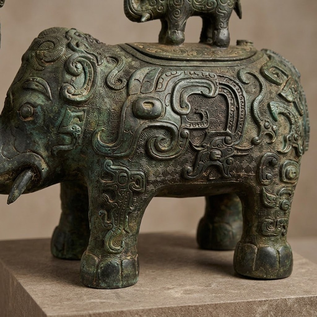 Elephant-form bronze vessel concept visual showing the body relief and feet