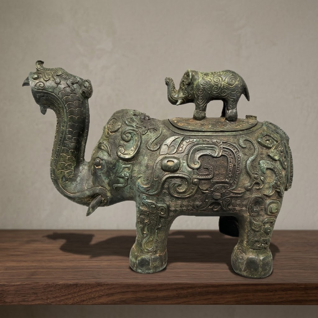 Elephant-form bronze vessel concept visual with a trunk-shaped front, raised relief and small elephant lid ornament