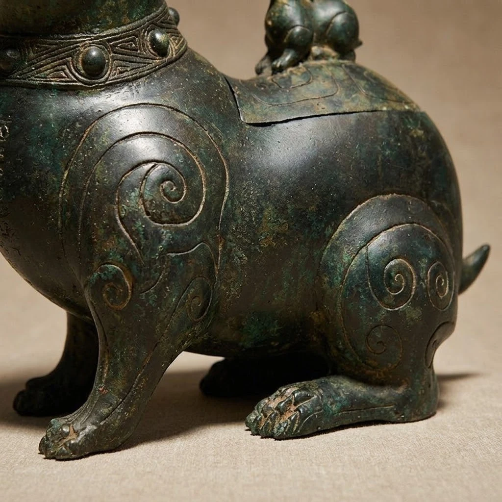 Rabbit-Form bronze vessel concept detail showing the body and base