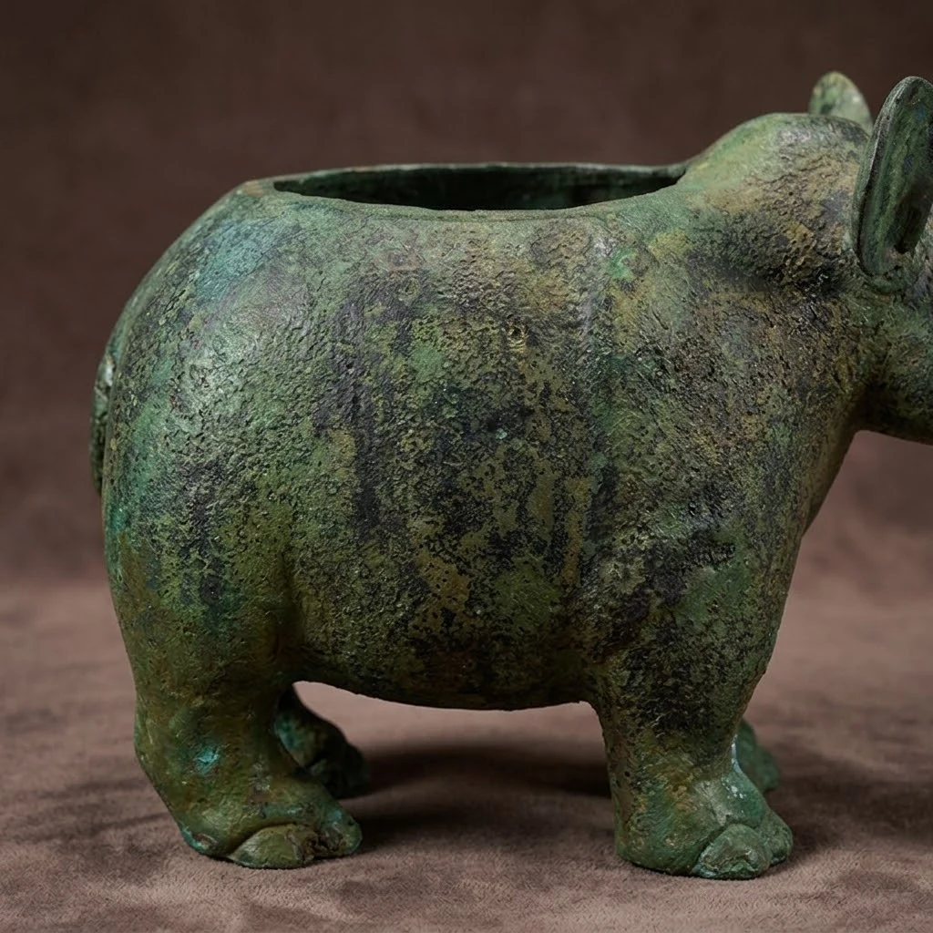 Rhinoceros-Form bronze vessel concept detail showing the body and base