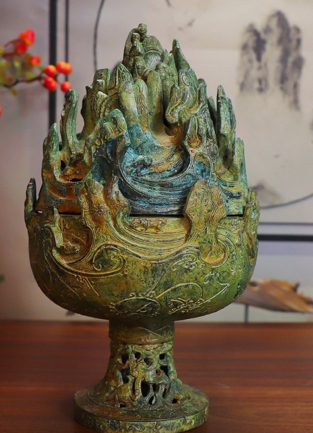 Phoenix Mountain bronze incense burner with layered mountain lid, modern reproduction