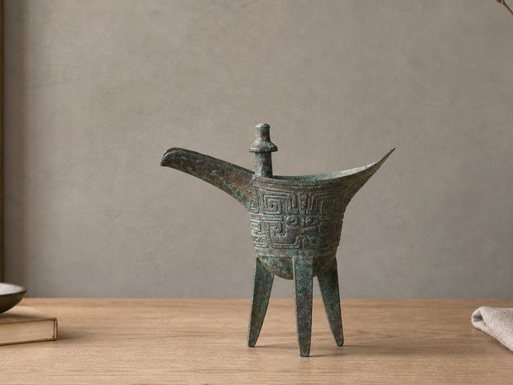 Lifestyle scene reference for the aged-style Bronze Jue Cup with Taotie motif