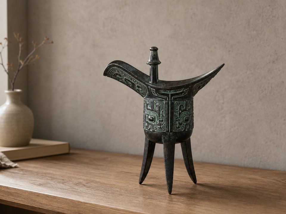 Display atmosphere for a painted Taotie-motif Jue cup
