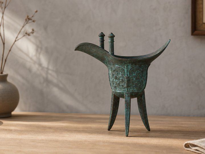 Study desk lifestyle scene reference for the verdigris twin-post Bronze Jue Cup