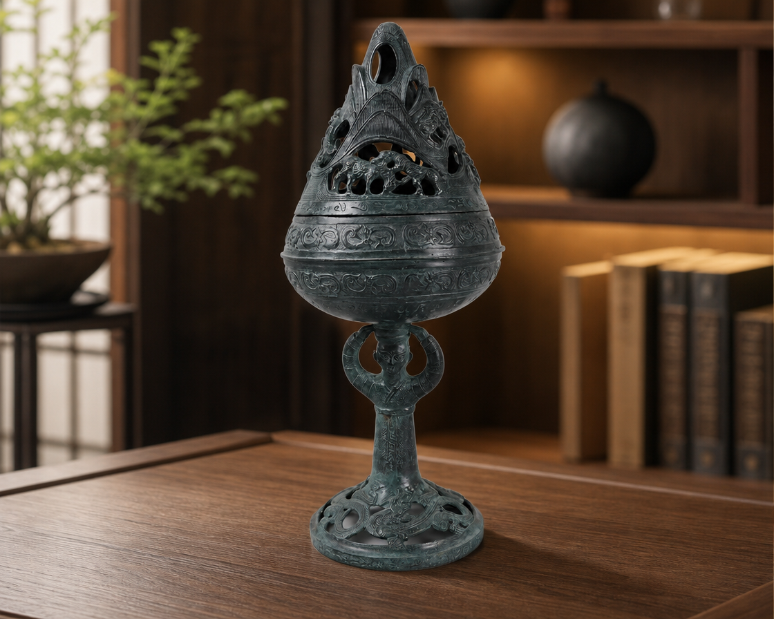 Figure-supported mountain-lid Boshan incense burner display atmosphere quote option