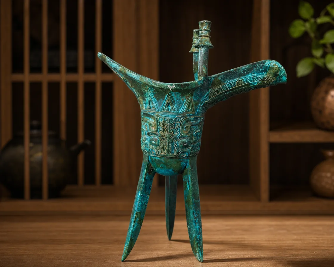 Modern Chinese bronze Jue cup reproduction displayed in a study setting