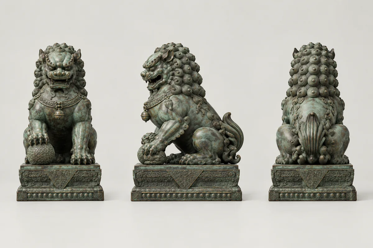 Illustrative front, side and rear views of one fictional Chinese guardian lion design for reference planning