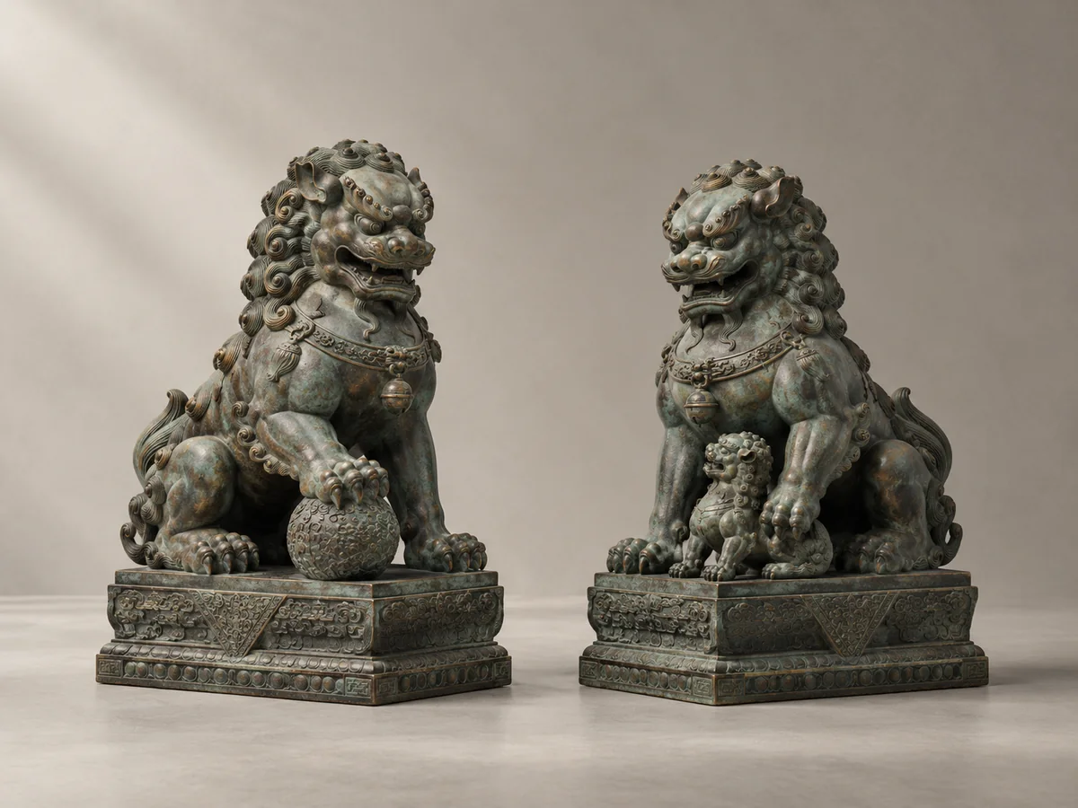 Concept illustration of a matched pair of Chinese guardian lions, created for this educational guide