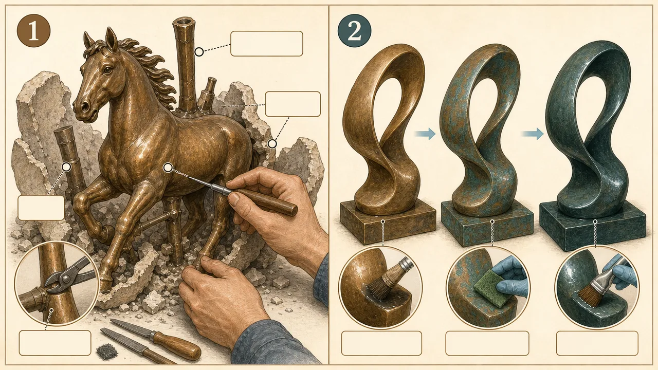 Educational illustration of bronze casting cleanup and patina finishing