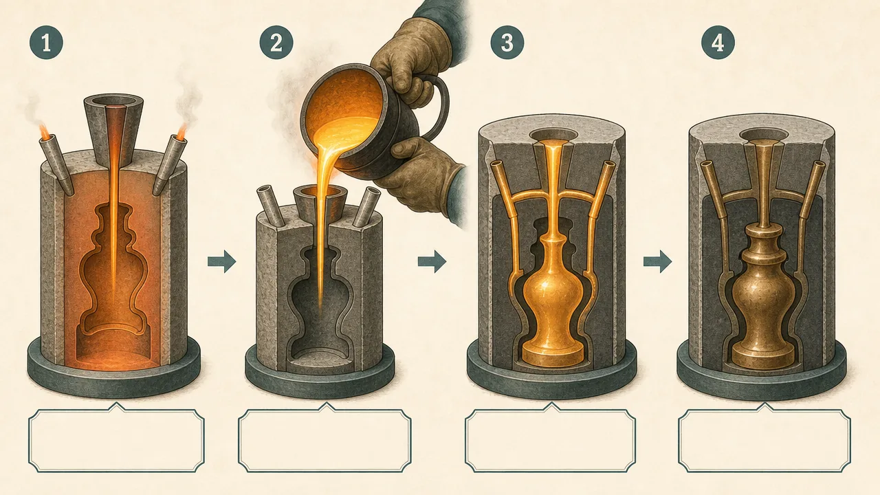 Illustration of molten bronze being poured into a lost-wax casting mold