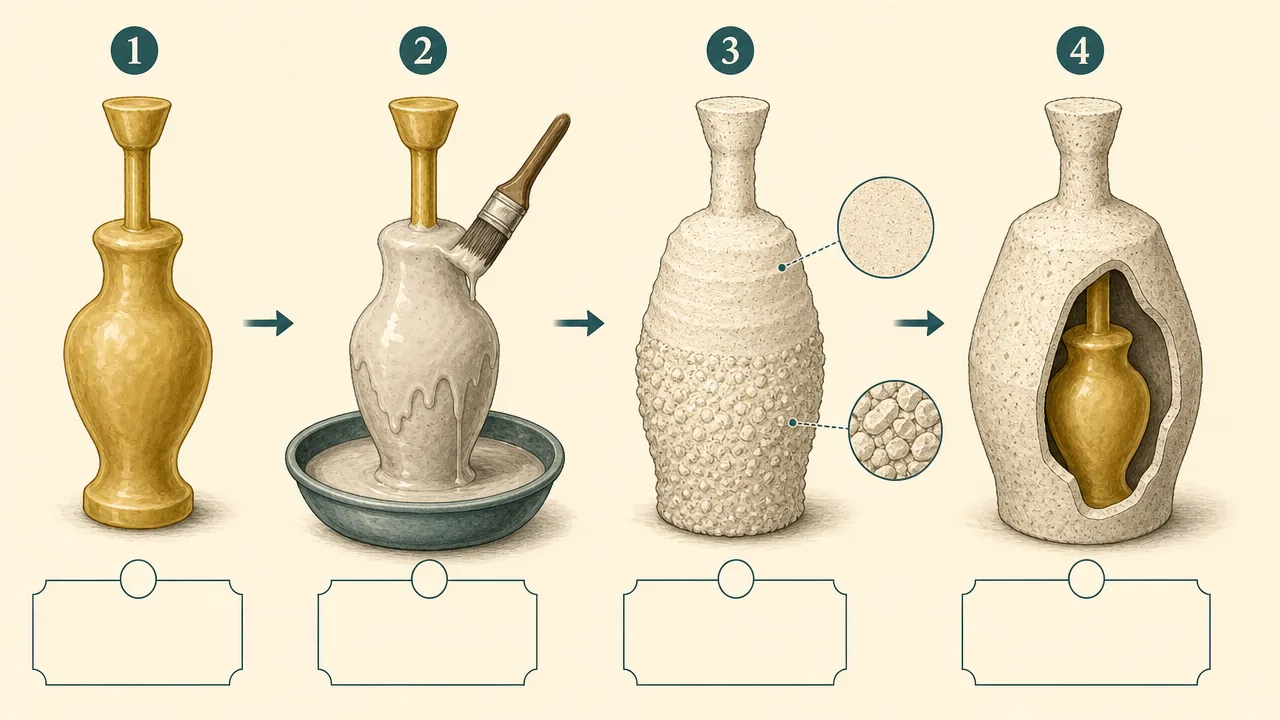 Illustration of refractory mold building for lost-wax bronze casting