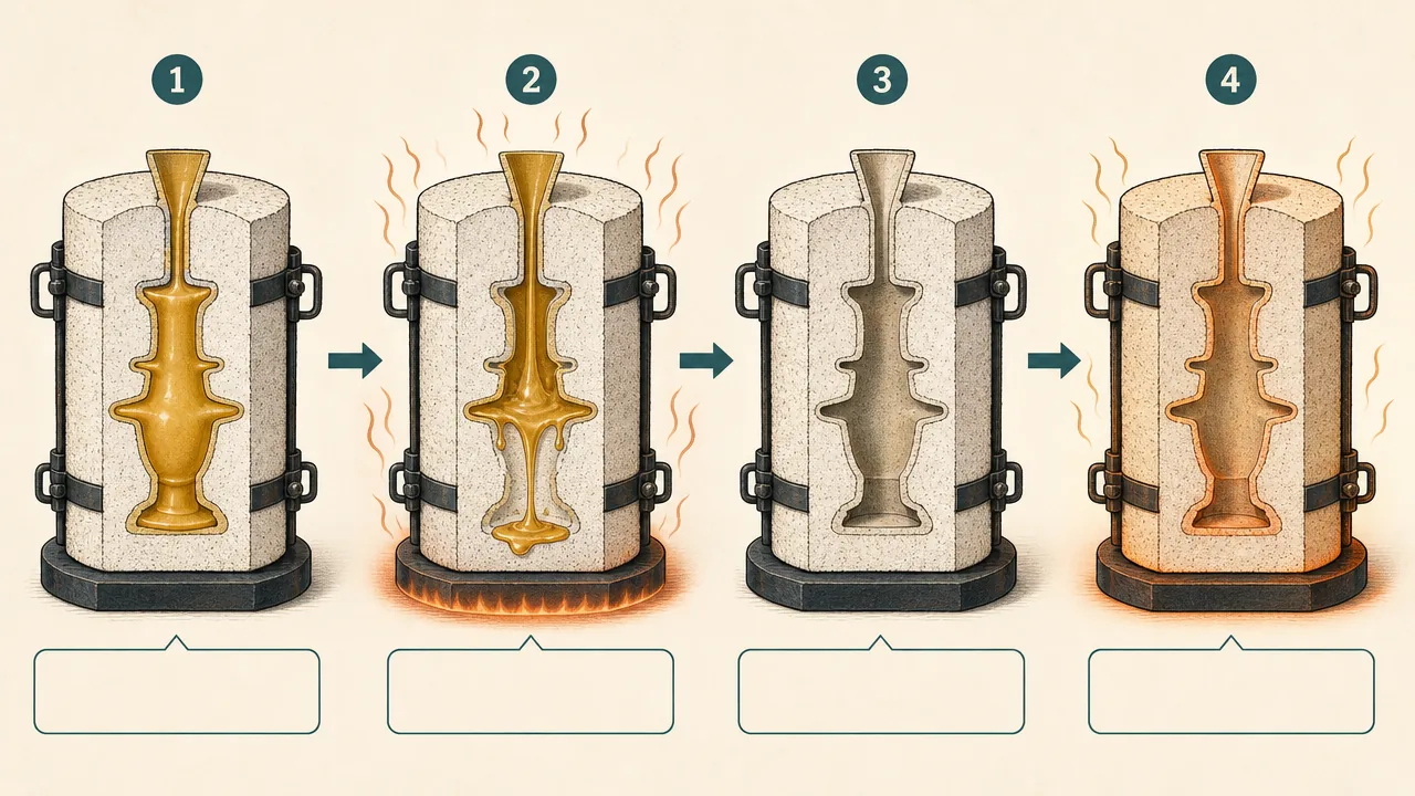 Illustration of wax burnout and mold preparation in lost-wax bronze casting