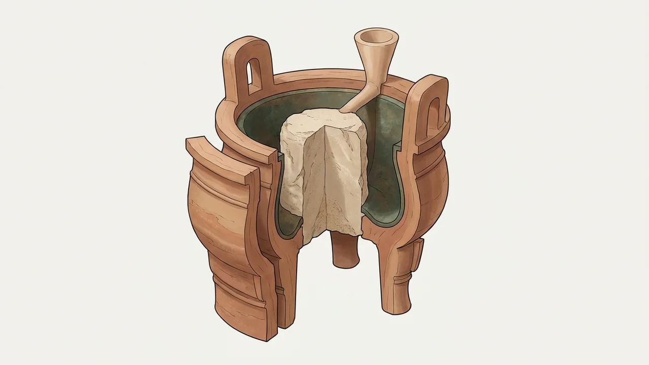 Illustration showing outer mold sections, inner core, casting cavity and sprue in piece mold casting