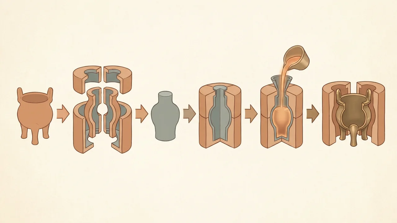 Illustration of the general piece-mold casting workflow for a hollow bronze vessel
