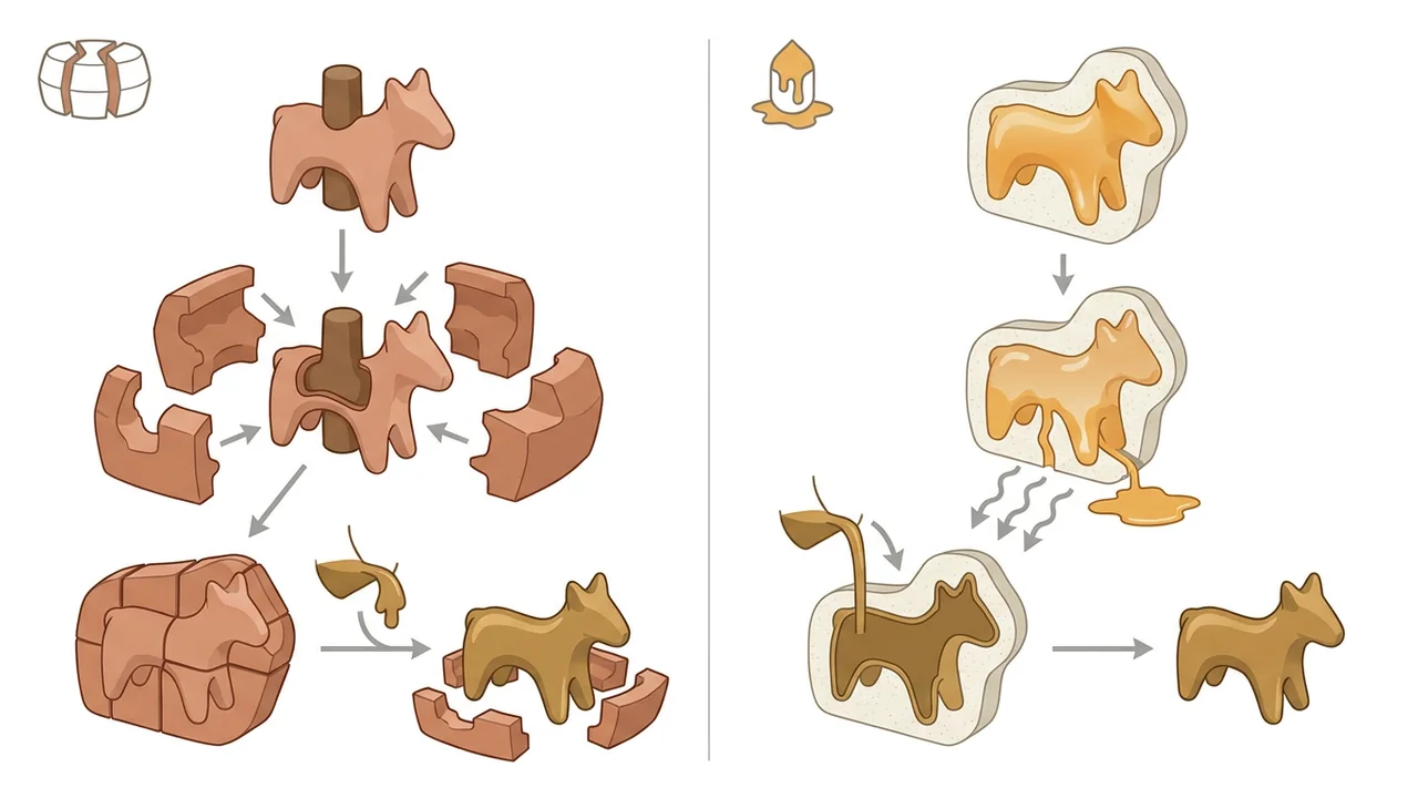 Illustration comparing the general piece-mold and lost-wax casting logics