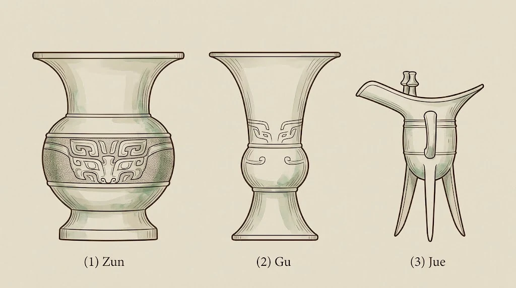 Schematic comparison of Zun, Gu and Jue Chinese bronze vessel forms