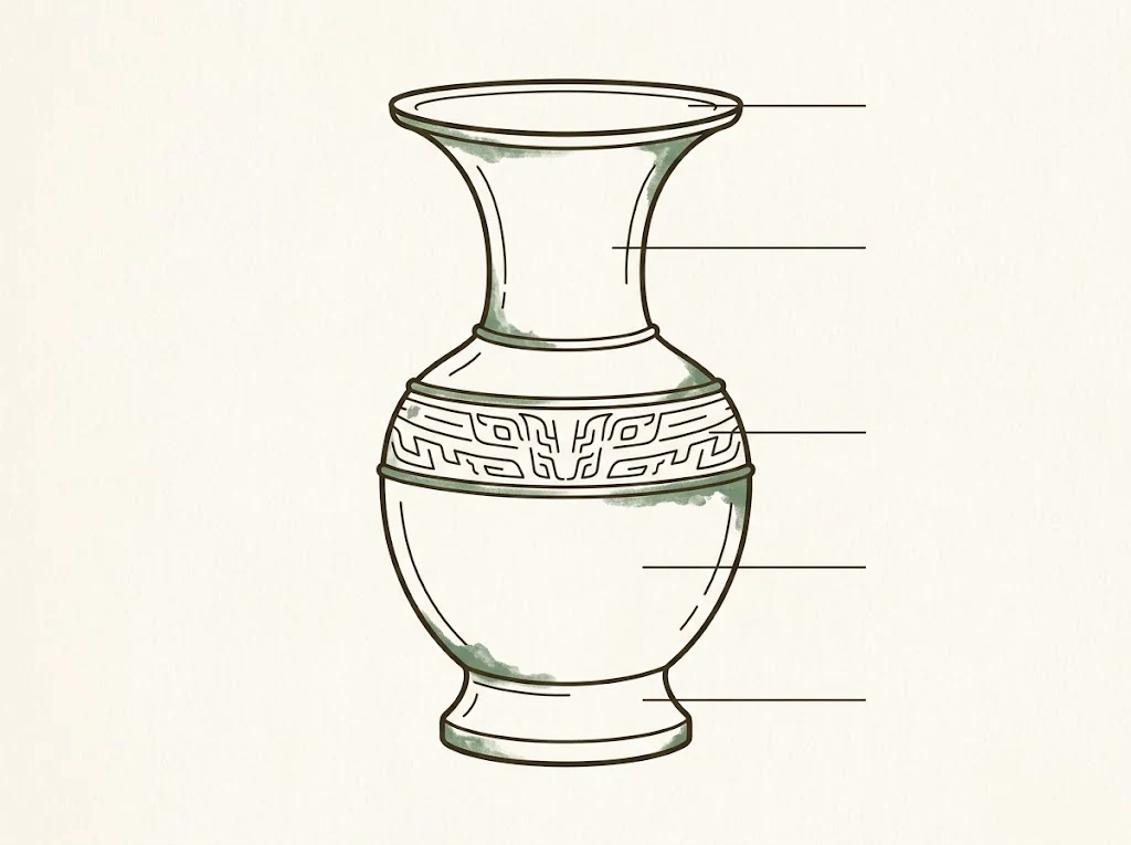 Schematic diagram of a Chinese bronze Zun vessel with five labeled areas: flared lip, neck, decorative band, body and foot